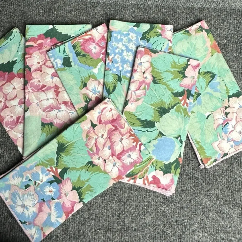 Vintage handmade dinner napkins geranium pastels set of 7 cottage granny floral